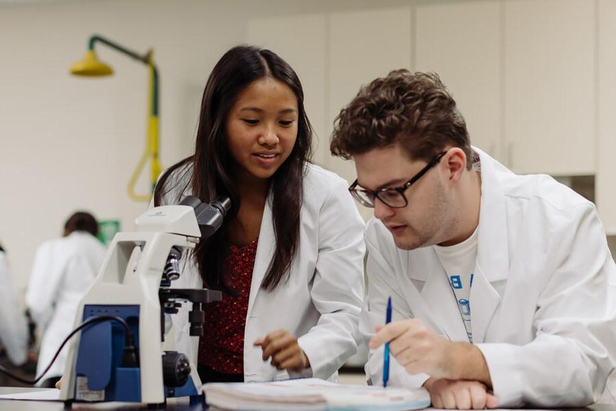 two biology students in a laboratory looking at a specimen in a microscope